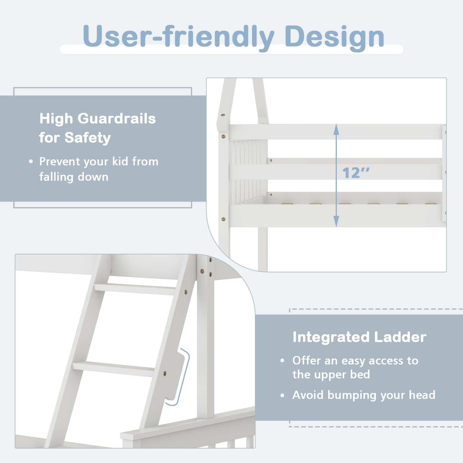 KOMFOTT White Twin Over Full House Bunk Bed with Built-in Ladder and Safety Guardrails - WoodArtSupply