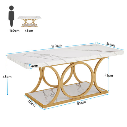 Tribesigns Rectangle Coffee Table, 47.24-inch Modern Coffee Tables for Living Room, 2-Tier Faux Marble Wood Coffee Table with Geometric Legs, Furniture with Storage Shelf (White & Gold) - WoodArtSupply