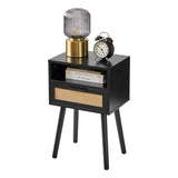 IBUYKE Rattan Nightstand, Boho Side Table with Drawer Open Shelf, Wood Accent Bedside Table, End Table with Legs for Bedroom, Living Room and Small Spaces, Black UWNS009B IBUYKE