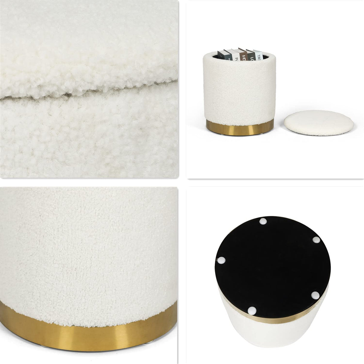 Joveco Round Storage Ottoman with Removable Lid, Boucle Small Upholstered Padded Vanity Foot Rest Stool for Living Room, Bedroom, Dorm, White Joveco