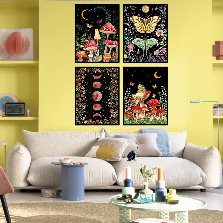 VeGuude Paint by Numbers for Adults and Kids Beginner, 4 Pack Painting by Number Kits On Canvas, Without Frame DIY Moon Mushroom Oil Painting Acrylic Paints, Home Wall Decor Gift 12x16inch VeGuude
