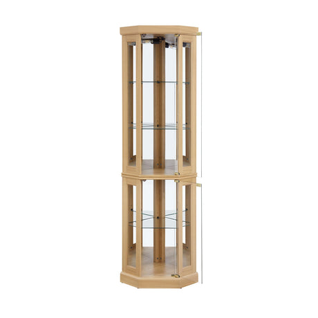 HRVEOCEI Curio Cabinet with Lighted, Display Cabinet with Glass Doors, Corner China Cabinet with Tempered Adjustable Glass Shelves & Carved Decoration(Light Oak, Tall) HRVEOCEI