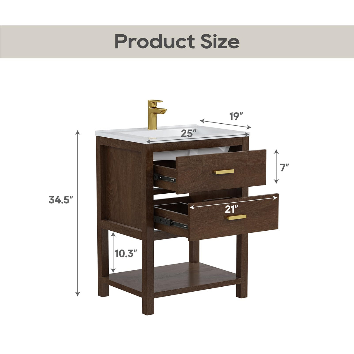 DELUXE LIVING 24 Inch Bathroom Vanity with Sink, Farmhouse Storage Cabinet with Drawers & Open Storage Shelf, Easy Assembly, Adjustable Feet, Walnut DELUXE LIVING
