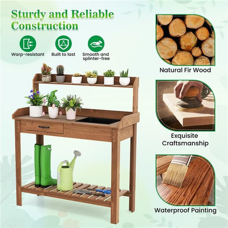 ARNOT Potting Bench,Outdoor Potting Bench Table with Sink and Storage Shelves, Wooden Garden Workstation for Gardening Tools, Planting, and Repotting – Natural Fir Wood (38" x 17" x 50") ARNOT