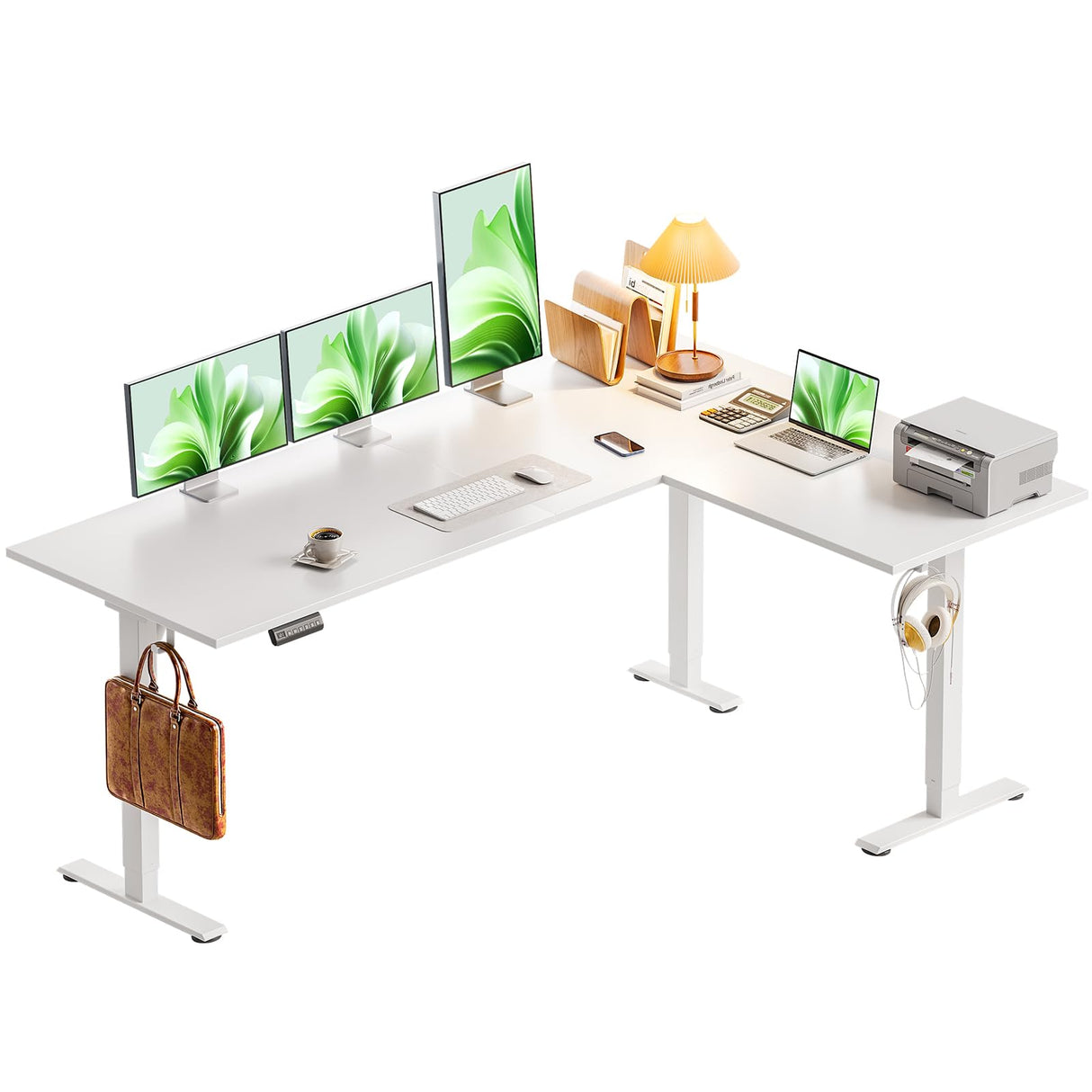 Casaottima 63 Inch Reversible Electric L Shaped Standing Desk, Height Adjustable Corner Stand up Desk, Ergonomic Large Lift Table for Home, Office, Workstation, White Casaottima