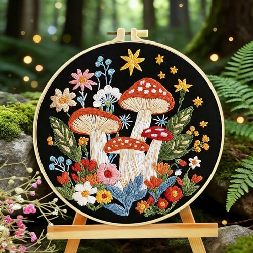 Zhenqing Enchanted Mushroom Garden Embroidery Kit for Beginners - Complete Set with 29x29cm Black Cotton Fabric, Hoop, Thread & Tools(C0138)