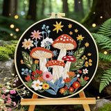 Zhenqing Enchanted Mushroom Garden Embroidery Kit for Beginners - Complete Set with 29x29cm Black Cotton Fabric, Hoop, Thread & Tools(C0138)
