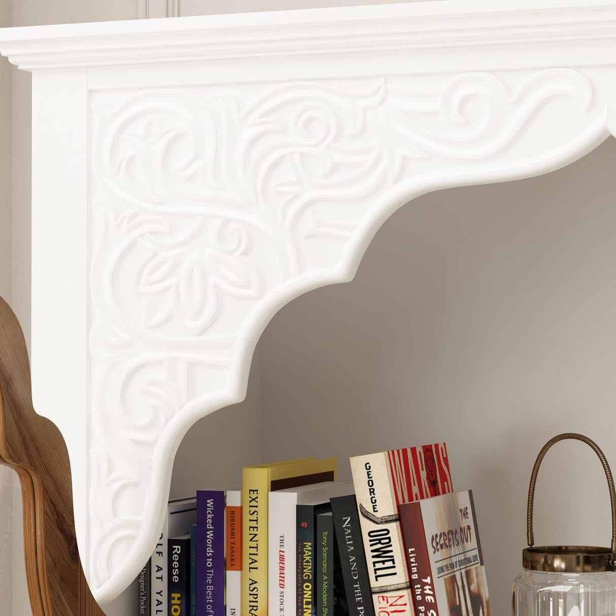 TAMUNE Carved Storage Cabinet with 2 Glass Doors & Drawer, Pooja Mandir with 3-Tier Shelves, Decorative Cabinet Display Cabinet for Living Room White and Walnut (31.5”W x 15.7”D x 70.9”H) TAMUNE