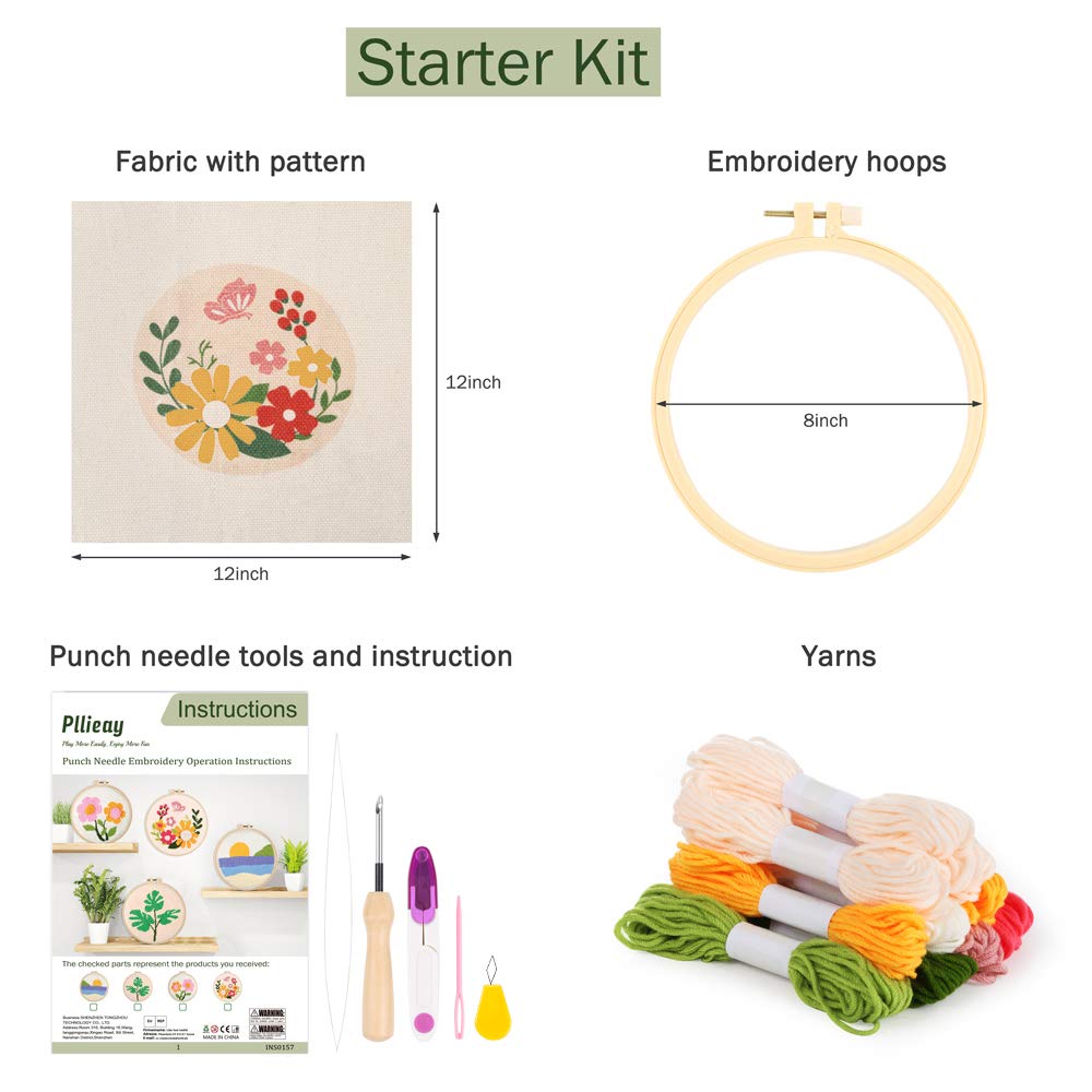 Pllieay Punch Needle Embroidery Starter Kits for Kids and Adults Beginners, Include Instructions, Punch Needle Fabric with Floral Pattern, Yarns, Embroidery Hoops and Threader Tools Pllieay