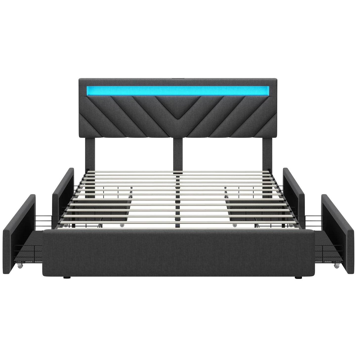 Modern Dark Grey LED Platform Bed Frame with 4 Storage Drawers and USB Charging Stations - WoodArtSupply