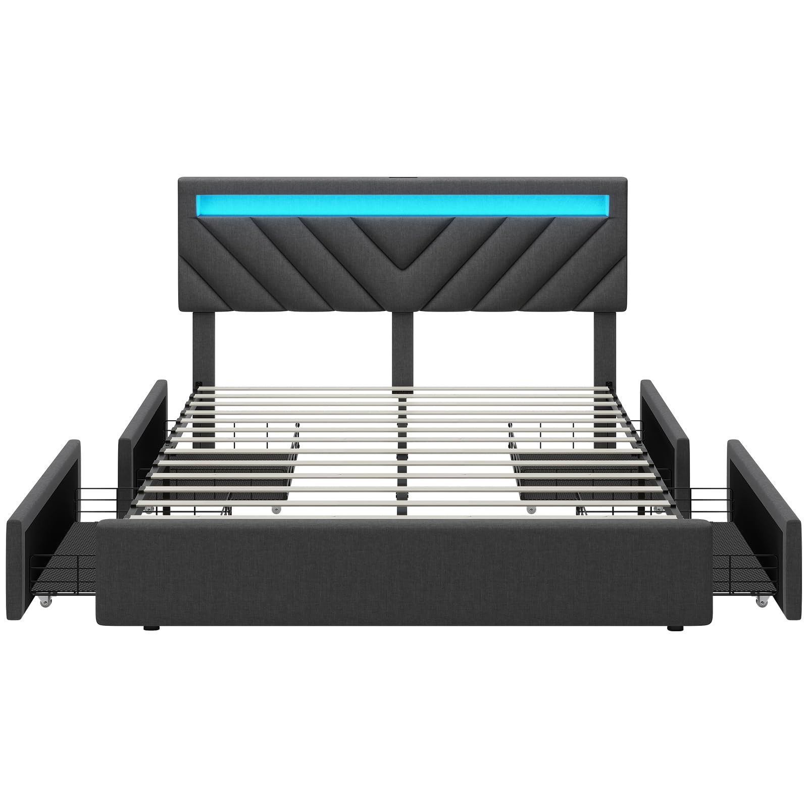 Modern Dark Grey LED Platform Bed Frame with 4 Storage Drawers and USB Charging Stations - WoodArtSupply