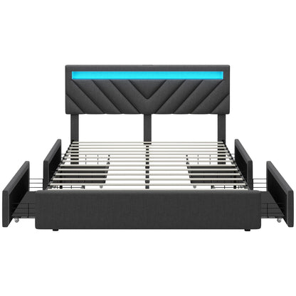 Modern Dark Grey LED Platform Bed Frame with 4 Storage Drawers and USB Charging Stations - WoodArtSupply