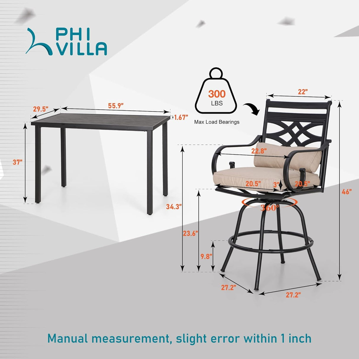 PHI VILLA 5 Piece Patio Bar Set,Outdoor Bar Table and Chairs Set, Strong and Heavy Duty Outdoor Bar Set with Cushion and Pillow，4PC Swivel Bar Stools with Rectangular Bar Height Table PHI VILLA