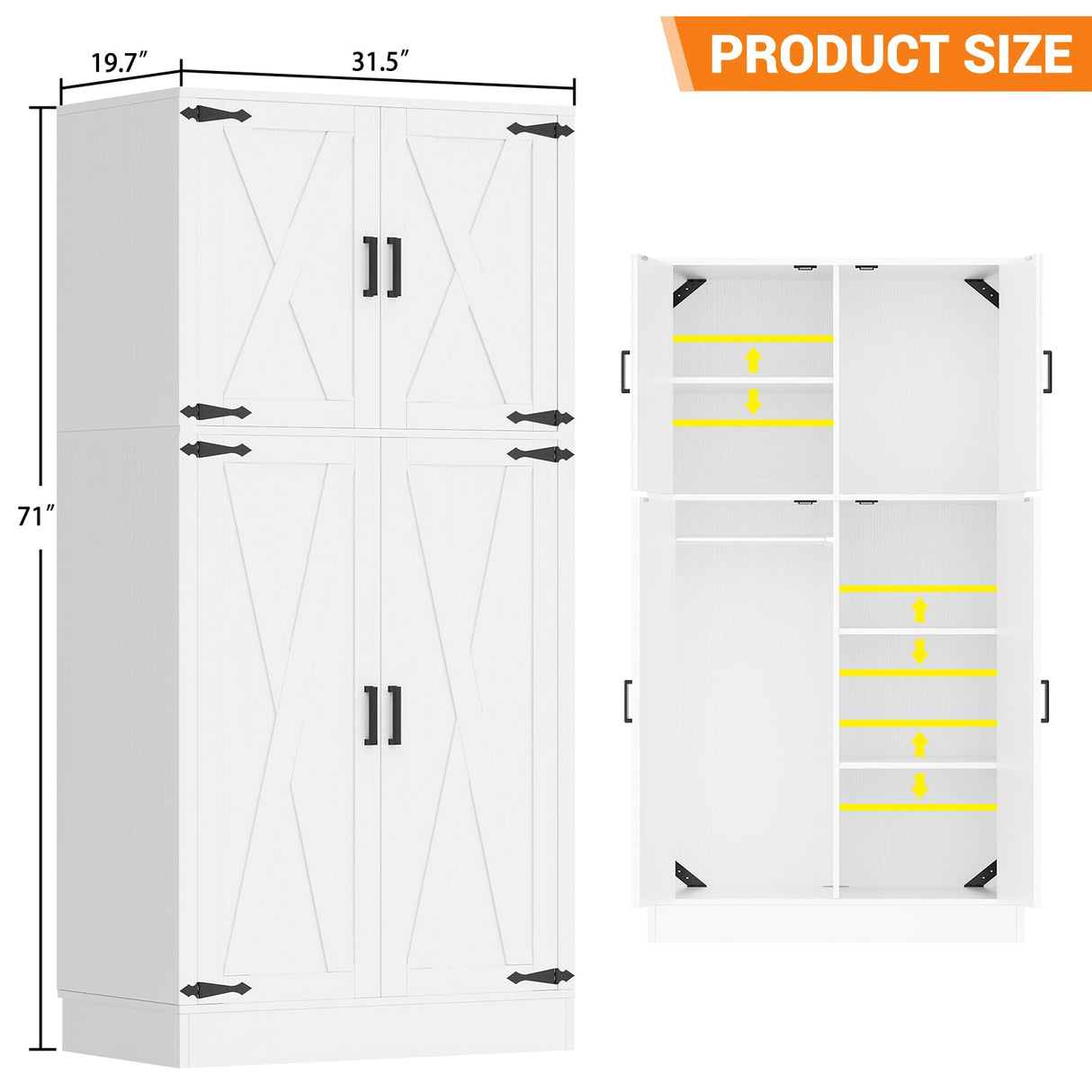 Unikito 71'' Farmhouse Wardrobe Closet with Hanging Rod, 4 Barn Door Clothing Storage Cabinet with Adjustable Shelves, Freestanding Wardrobe Cabinet for Bedroom, Living Room, Cloak Room, Office, White Unikito