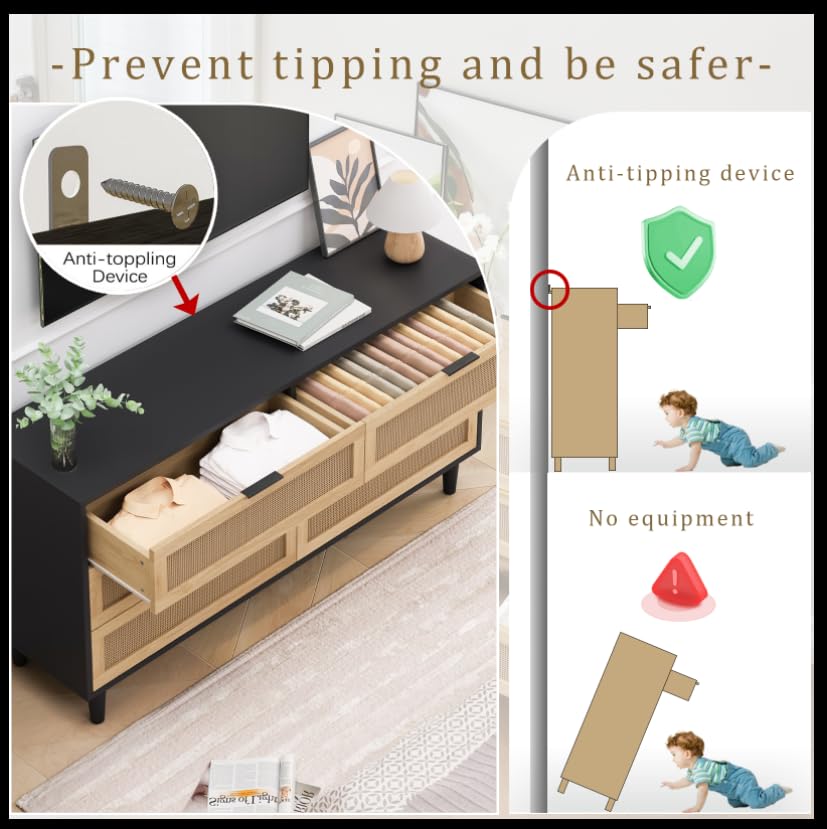 NTYUNRR Black Rattan Dresser, 6 Drawer Double Dresser for Bedroom, 59.06" Rattan Dresser for Closet, 6 Drawer Dresser Chest of Dressers Storage Cabinet with Metal Handles, TV Stands for Living Room, L NTYUNRR