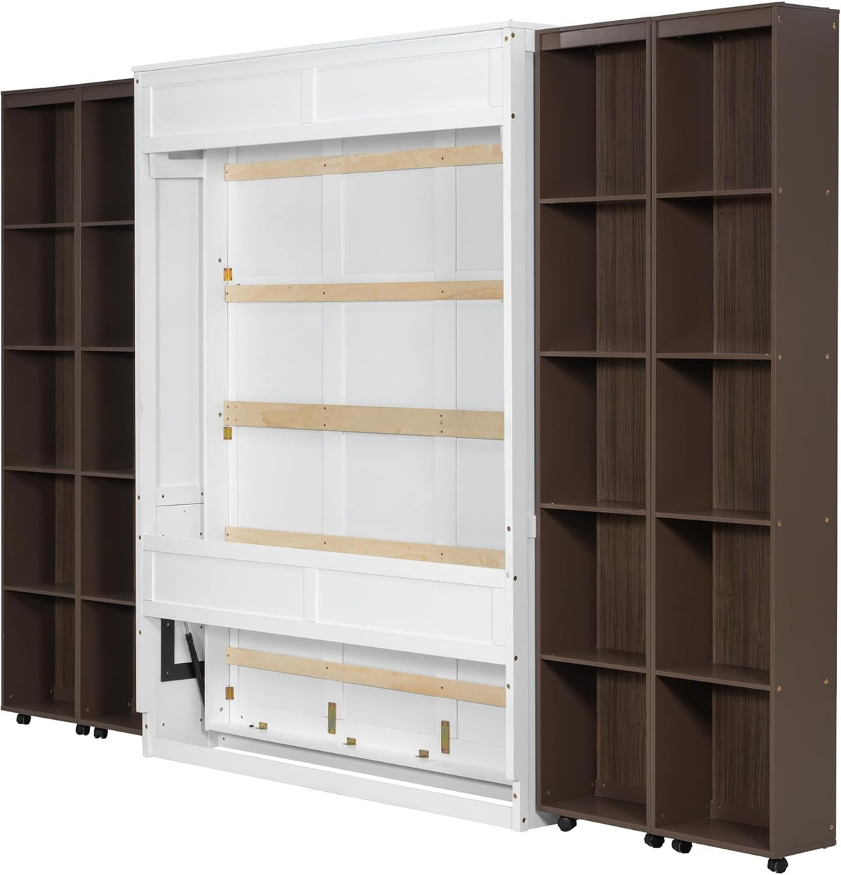 Foldable Hidden Queen Murphy Bed Cabinet with Storage Bookshelf Bookcase, Wood White Murphy Wall Bed with Storage Shelves for Adults (Espresso) MERITLINE