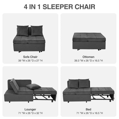 Convertible Sofa Bed 4-in-1 Velvet Sleeper Sofa Chair Bed Pull Out Futon Couch Bed with USB Ports 5 Adjustable Backrest and Pillow Fold Out Ottoman Bed for Adults Small Spaces Living Room, Dark Grey