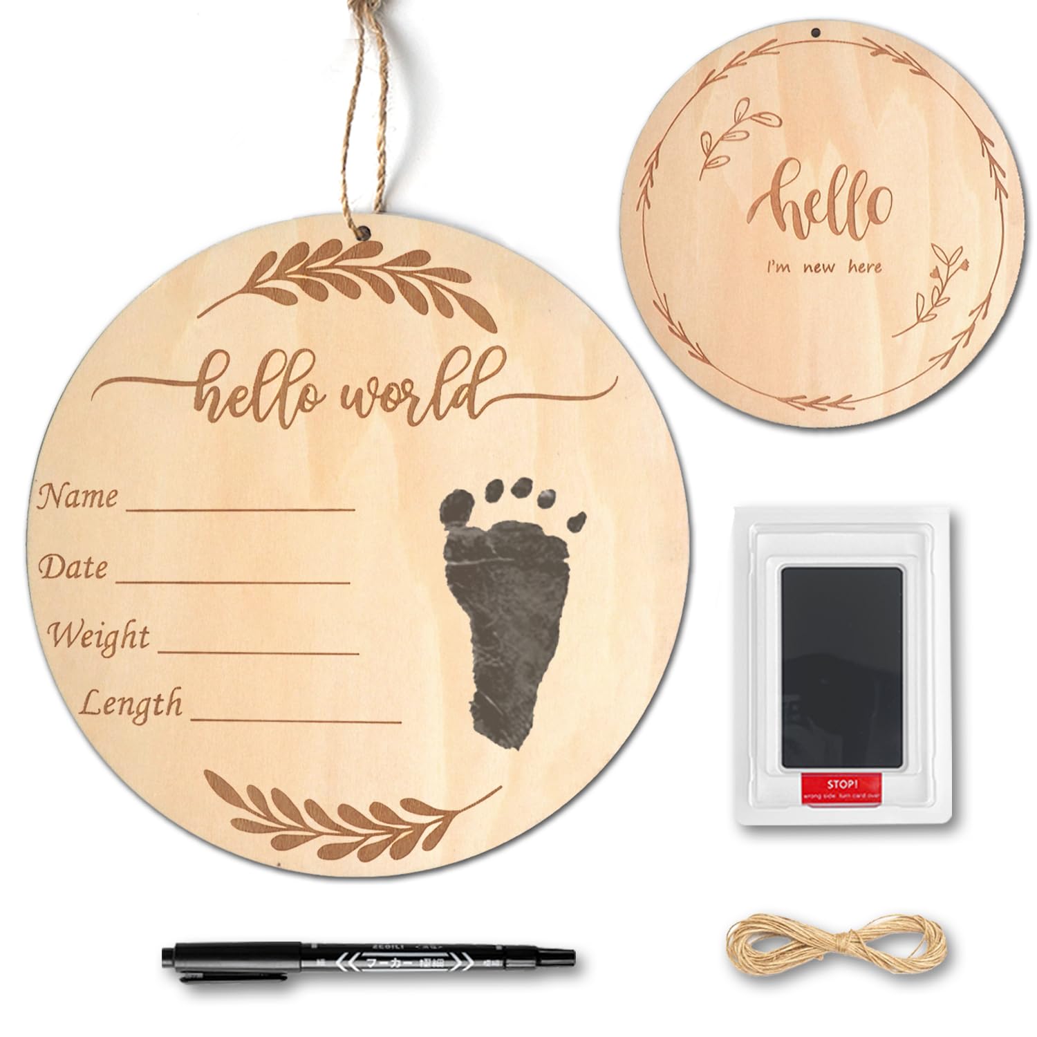 Wooden Baby Announcement Sign, Hello World Newborn Sign With Pen And Ink Pad, Birth Announcement Sign, Baby Name Announcement Sign Newborn for - WoodArtSupply