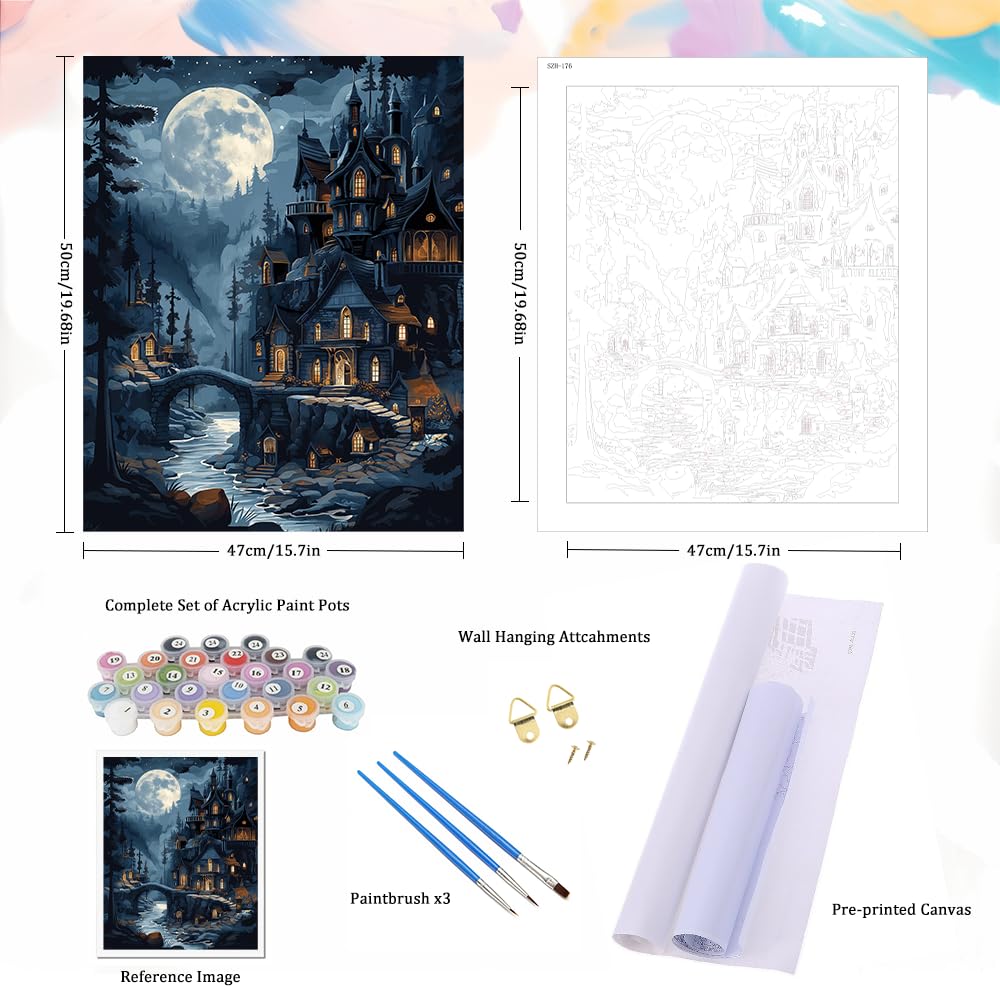 Natuyalo Paint by Numbers Kit for Adults, Paint by Numbers for Beginner Moonlit Castle, Paint by Number for Adults, Night Scene DIY Paint by Number for Gift Home Wall Decor 16x20 Inch Natuyalo