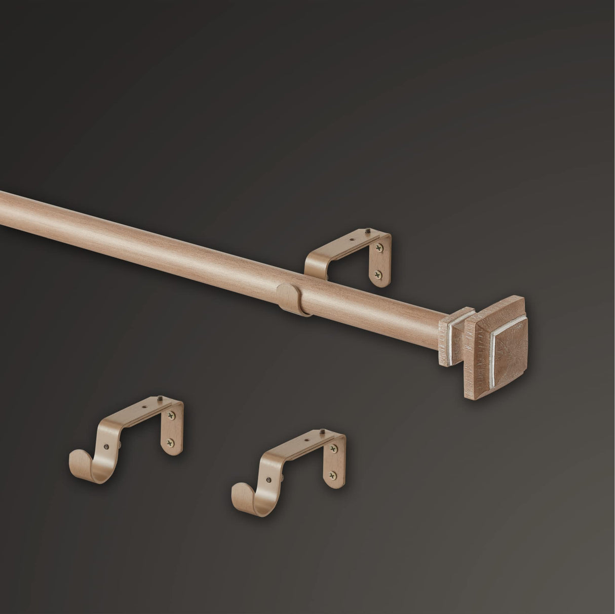 MODE Farmhouse Collection 1 1/8" Diameter Curtain Rod Set with Cottage Square Curtain Rod Finials and Steel Wall Mounted Adjustable Curtain Rod, Fits 36” to 72” Windows, Weathered Oak MODE