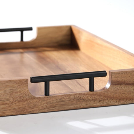 Joy&Grace Acacia Wooden Serving Tray with Metal Handles 16.7 x 12.8 inch Decorative Ottoman Tray for Living Room Coffee Table (Color Natural) Joy&Grace