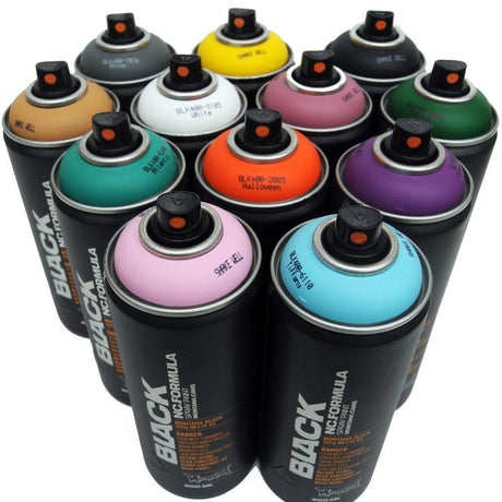 Montana Black 400ml Complementary Colors Set of 12 Graffiti Street Art Mural Spray Paint Montana Black