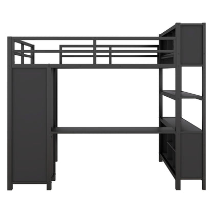 SOFTSEA Full Size Loft Bed with L Shaped Desk, Metal Loft Bed Frame with Wardrobe, Shelves and Storage Cubes, Loft Bed with Guardrails and Ladder, Full Loft Bed for Bedroom Guestroom, Black