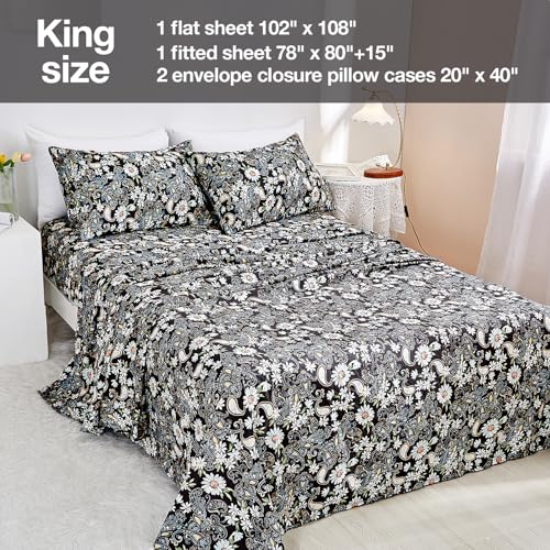 JSD Black Paisley Floral Printed Sheet Set King Size, 4 Piece Soft Pattern Microfiber Sheets Extra Deep Pocket JSD