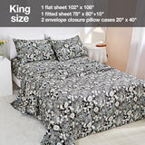 JSD Black Paisley Floral Printed Sheet Set King Size, 4 Piece Soft Pattern Microfiber Sheets Extra Deep Pocket JSD