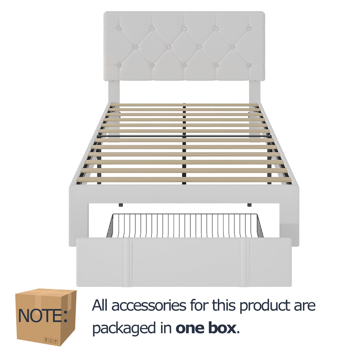 VECELO Twin Size Bed Frame with Storage Drawers, Leather Upholstered with Diamond Tufted Headboard, Solid Wood Slat Support, No Box Spring Needed, White VECELO