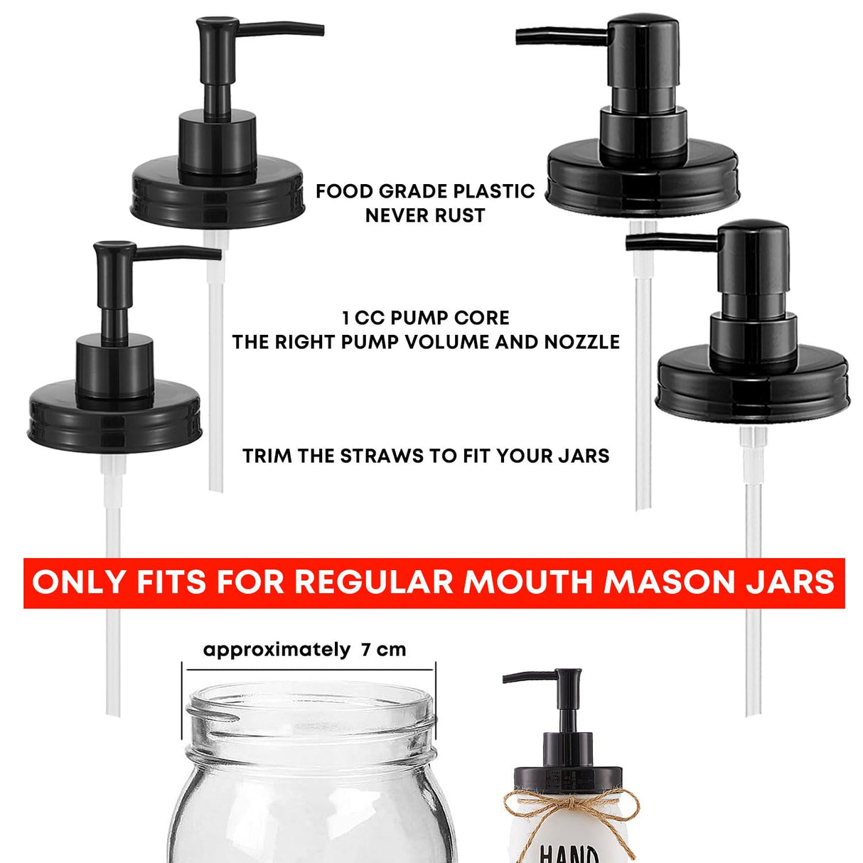 Onsogi Regular Mouth Plastic Mason Jar Soap Dispenser Pumps and Lids- Rust-Proof Mason Jar Accessories Rustic Farmhouse Kitchen Counter Top Bathroom Decor and Organization - 4 Pack onsogi