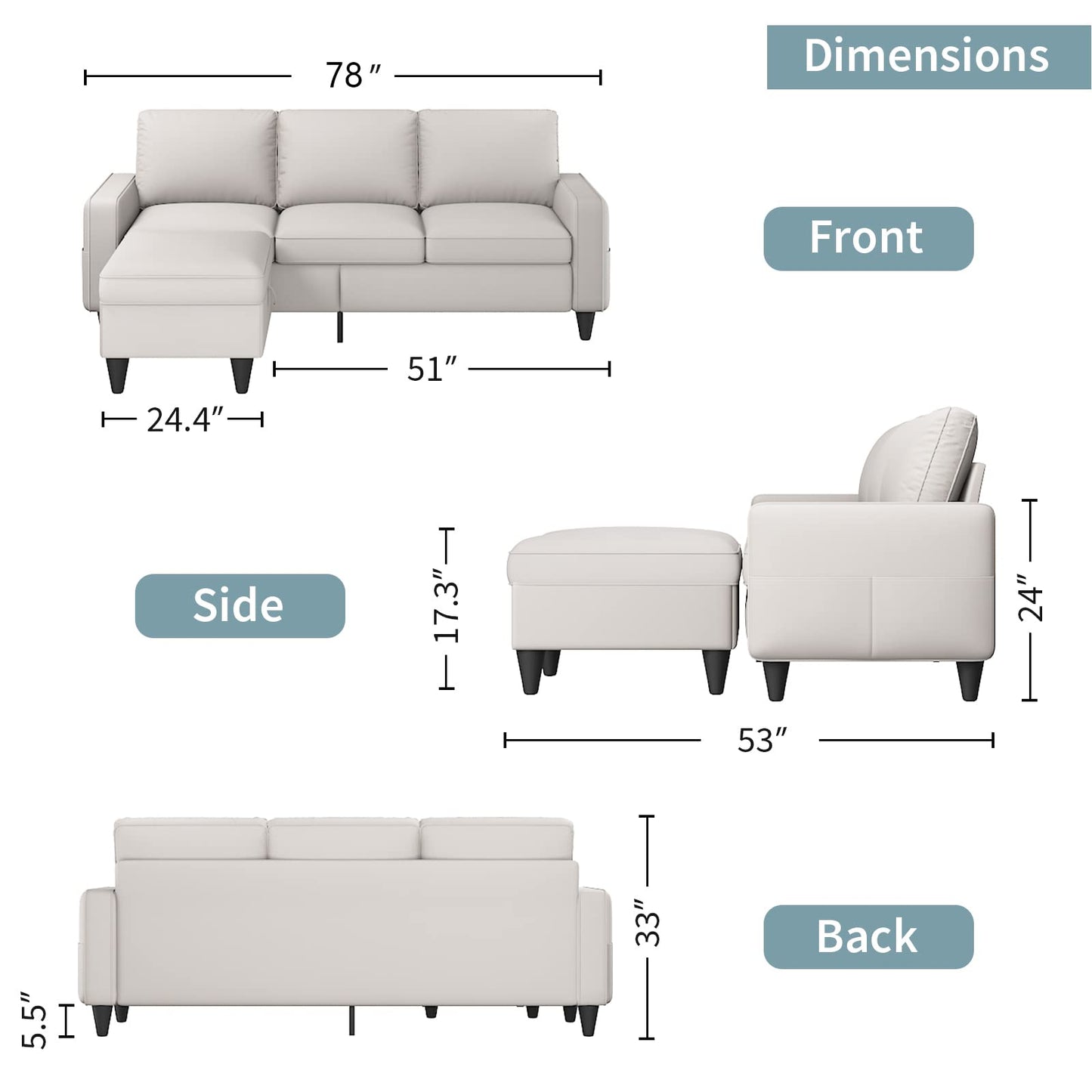 Lonkwa Convertible Sectional Sofa Couch L-Shaped Couch with Storage Ottoman, Beige Couches for Living Room, 3-Seat Sectional Sofas for Living Room/Bedroom/Office/Small Space