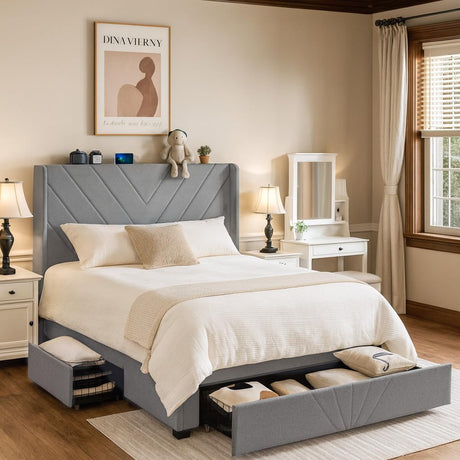 COMHOMA King Bed Frame with Headboard and USB & Type-C Charging Ports,Storage Drawers,Modern Upholstered Platform Frames with Padded Headboard, Heavy Duty Structure,No Box Spring Needed,Grey COMHOMA