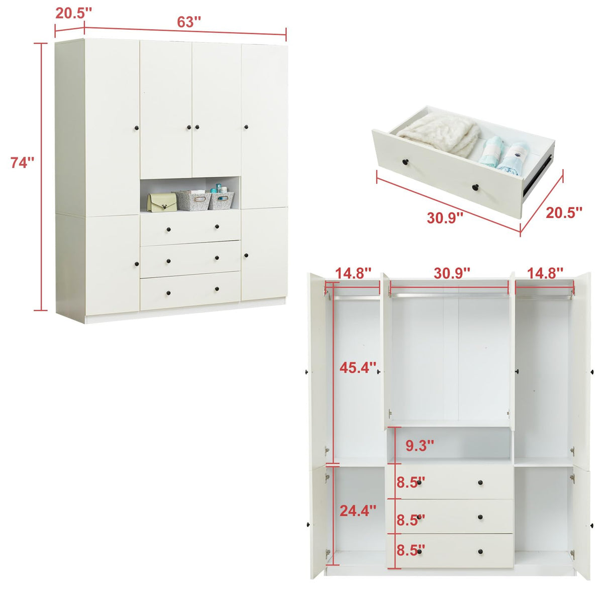 ModMakers 74" Tall 4 Doors 3 Drawers White Wood Wardrobe Closet Armoire Closets for Bedroom Freestanding Bathroom Wardrobe Cabinet with Hanging Rod Shleves Wooden Clothes Storage Organizer ModMakers