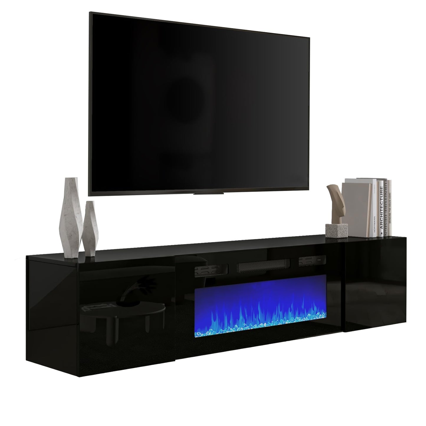 AMERLIFE Floating TV Stand with 36" Electric Fireplace, High Gloss Finish Wall Mounted Fireplace Entertainment Center with Storage for TVs Up to 78", Black