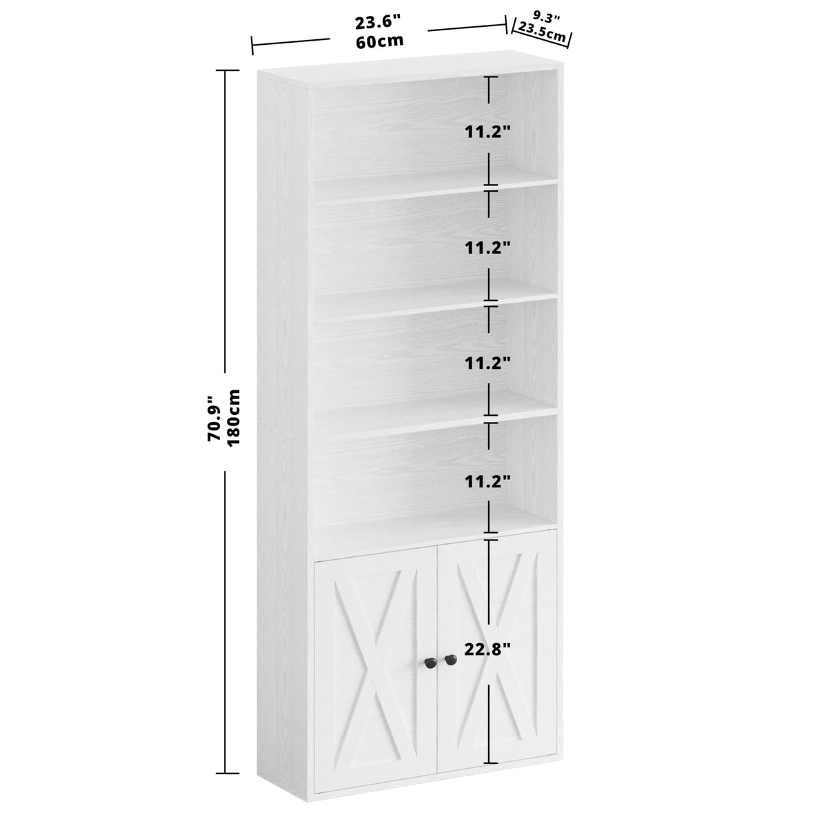 IRONCK Industrial White 6-Tier Bookshelf with Doors - 70-Inch Storage Display for Home & Office IRONCK