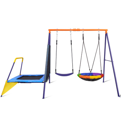 Lunafun Swing Set for Backyard with Trampoline 440lbs Swing Set with Heavy-Duty Metal A-Frame Outdoor Swing Set with 1 Saucer Swing Seat 1 Swings Seat & 1 Trampoline