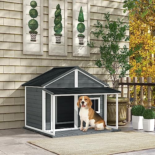 PawHut Outdoor Dog House Cabin Style, Wooden Raised Pet Kennel with Asphalt Roof, Front Door, Side Window, Porch for Medium/Large Dogs, Loading 53 Lbs., Grey PawHut