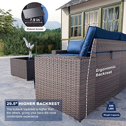 Kullavik Outdoor Patio Furniture Set 6 Pieces Sectional Rattan Sofa Set Brown PE Rattan Wicker Patio Conversation Set with 5 Navy Blue Seat Cushions and 1 Tempered Glass Table Kullavik