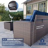 Kullavik Outdoor Patio Furniture Set 6 Pieces Sectional Rattan Sofa Set Brown PE Rattan Wicker Patio Conversation Set with 5 Navy Blue Seat Cushions and 1 Tempered Glass Table Kullavik