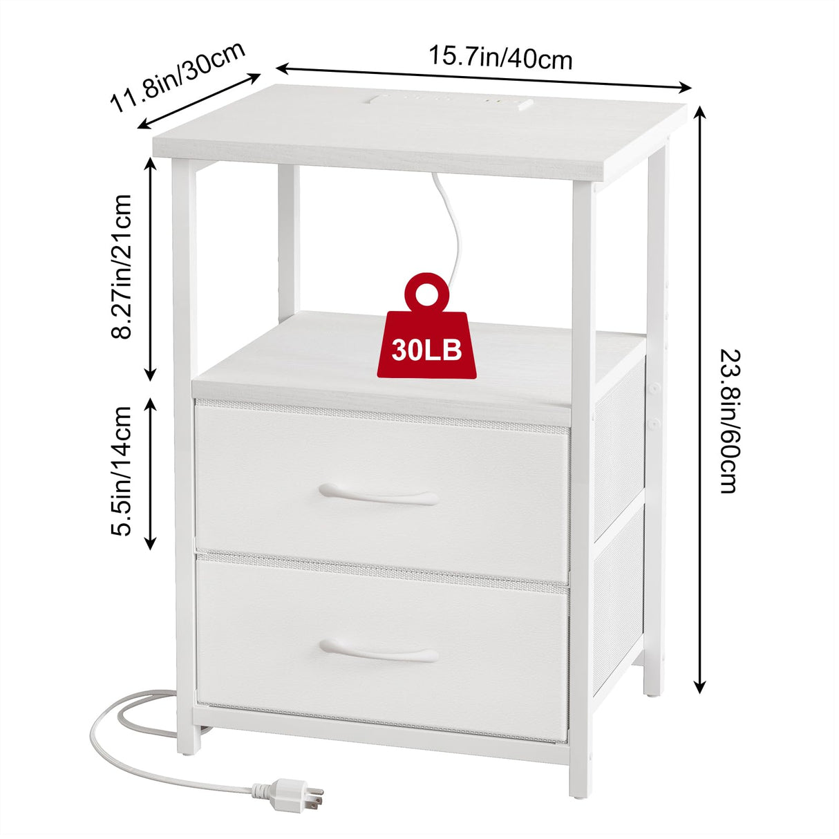 Fixwal White Night Stand with Charging Station, Bedroom Nightstand with Fabric Drawers, Bedside Table with PU Finish Fixwal