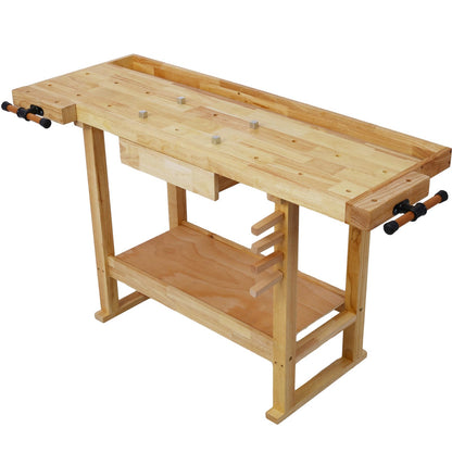 55" Solid Wood Workbench with 1 Drawer and 1 Shelf, Professional Rubberwood Wooden Workbench for Garage and Woodworking Carpenter Workshop 330 lbs Capacity (Natural) - WoodArtSupply