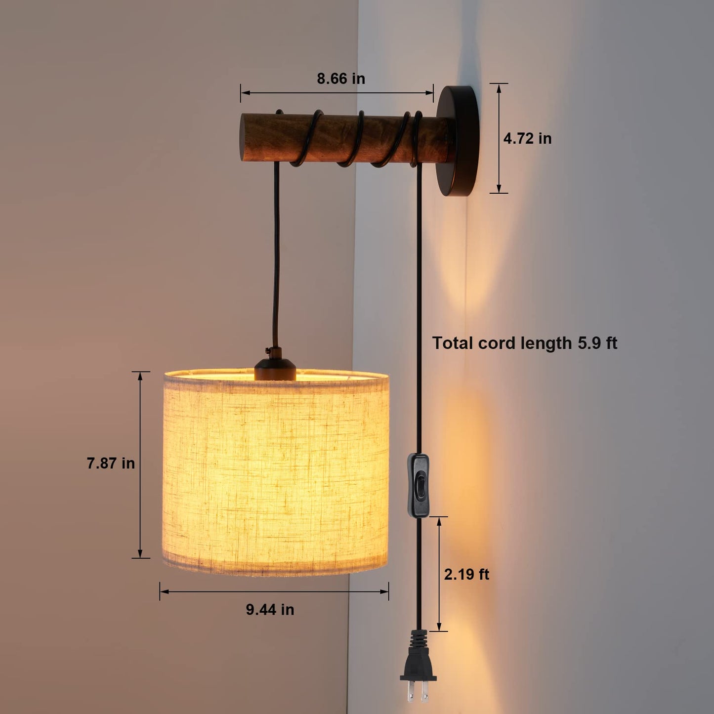 XSDeTu Wall Sconces Set of Two, Plug in Sconces Wall Lighting with Fabric Shade, Farmhouse Wall Lamps with Plug in Cord, Rustic Wall Lights with Wood Arm and On/Off Switch for Bedroom, Living Room