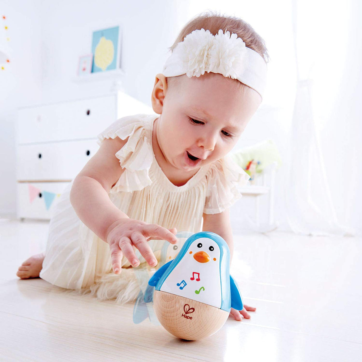 Hape Penguin Musical Wobbler | Colorful Wobbling Melody Penguin, Roly Poly Toy for Kids 6 Months+, Multicolor, 5'' x 2'' (E0331) , Blue Hape