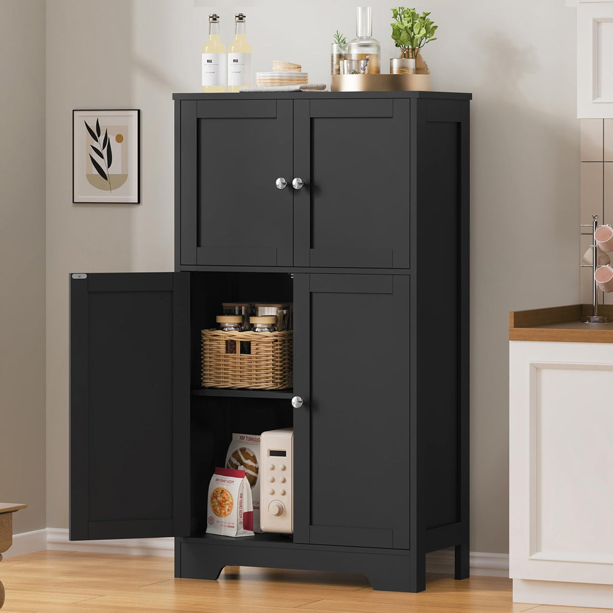 Iwell Natural Rattan Storage Cabinet with 4 Doors and Adjustable Shelf Iwell