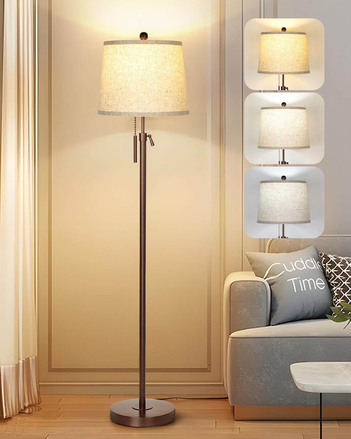 JUNNAI Modern Floor Lamp Adjustable Height Standing Lamp Tall Lamp with 3 Color Temperatures Floor Lamps for Living Room Bedroom Office Beige Shade Bulb Included-Brown JUNNAI