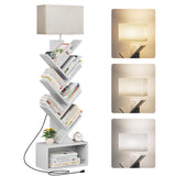 Evermagin 6 Tier Tree Bookshelf with Light, Narrow Bookcase Tower, Tall Floor Standing Book Shelf Organizer with Storage Cabinet for Living Room, Bedroom and Home Office, White Evermagin