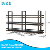 Wall Mounted Wine Rack with LED Light, 55.1in Large Wine Bottles Display Shelf with Glasses Holder, 3 Tier Metal Bar Shelves, Industrial Liquor Shelves for Home Bar, Dining Room & Kitchen (55.1in) DSVONAUS