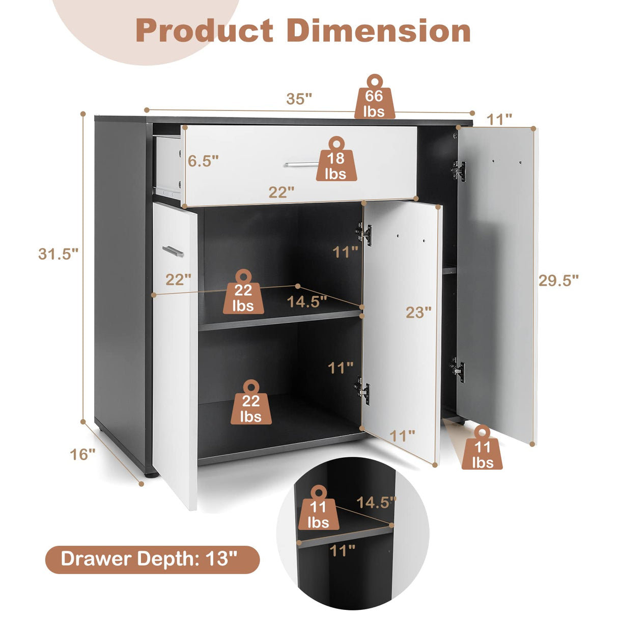 COSTWAY Buffet Sideboard Storage Cabinet, White Kitchen Sideboard with Spacious Table Top, 2 Door Cabinets, Large Drawer, Adjustable Shelf, Anti-Toppling Device, Console Cupboard for Home Living Room COSTWAY
