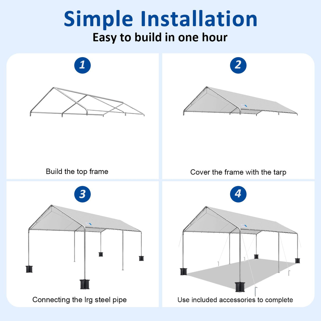 10x20 ft Heavy Duty Car Canopy Galvanized Frame Carport Outdoor Party Tent Boat Shelter with Reinforced Structure, No Sidewall - Light Grey SAILARY